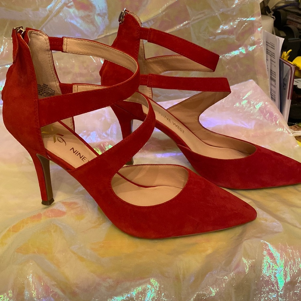 Red suede heels size 9